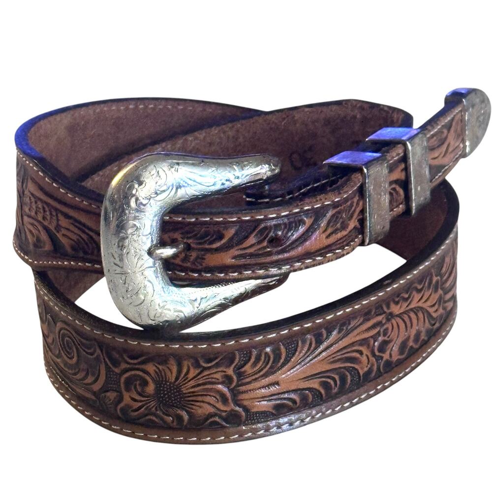 Nocona Tooled Leather Belt Womens Size 30 Brown Western Buckle Floral Cowgirl